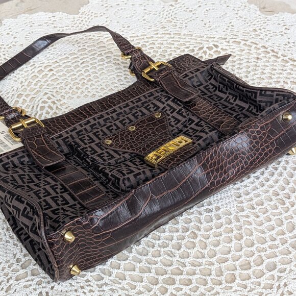 Vintage Fendi Zucca Canvas & Croc Embossed Leather Shoulder Bag - Picture 3 of 9